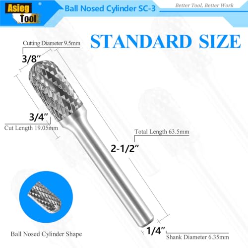 SC-3 Tungsten Carbide Burr Rotary File Cylindrical Ball Nose End Shape Double Cut for Die Grinder Drill Bits 1/4'' Inch Diameter of Shank and 3/8'' Inch Diameter of Cutter 3/4'' Inch Cutter Length - style: SC-3