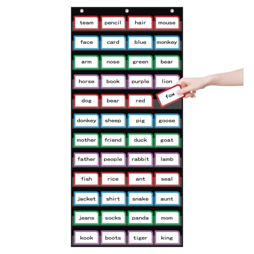 ANCOMEDO 20”W x 48.25”H Classroom Words Pocket Chart with 12 Clear Pockets, Black Standard Pocket Chart for Classroom and Home for Sentence Strips, Reusable Clear Pocket Hanging Words Chart (Black) - size: 20Wx48.25H