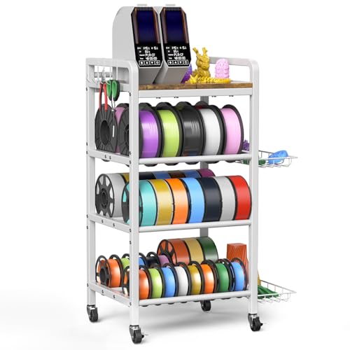 3D Printer Filament Storage Rack- 4 Tiers Filament Spool Holder, Heavy Duty 3D Printing Stand Filament Organizer with 360° Wheels, Metal Filament Stand Shelf for PLA/ABS/TPU/Nylon (White) - color: White