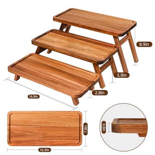 GEHE 3 Tier Serving Tray Acacia Wooden Tiered Tray Stand Foldable Dessert Table Display Set Decor Charcuterie Boards for Party, Birthday, Wedding, Christmas - color: Acacia Brown