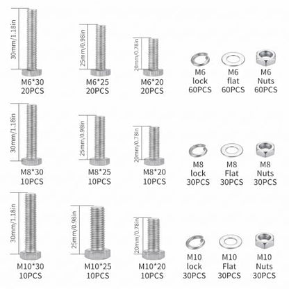 480Pcs Metric M6 M8 M10 Hex Bolts Nuts Washers Assortment Kit