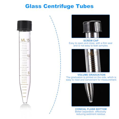 PATIKIL 15ml Centrifuge Tubes, 10 Pcs Glass Graduated Centrifuge Vials with Screw Cap Conical Bottom Test Tube Storage Container for Sample Laboratory Liquid - size: 15ml
