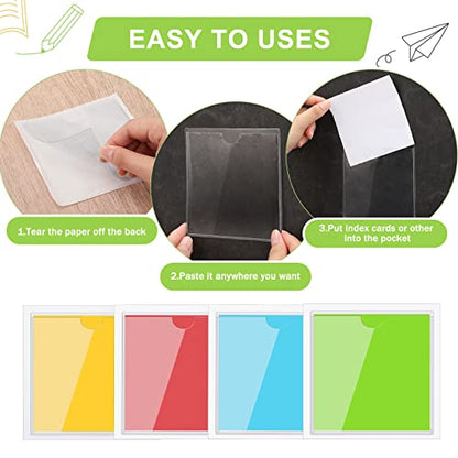 Chinco 50 Pack 4" x 4" Clear Adhesive Pockets, Index Card Pockets with Top Open Loading, Plastic Labels Holders for Organizing Storage Bins, Library Card, Drawer, and Protecting Your Cards - size: 4.13 x 4.13 Inches