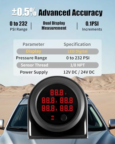 232PSI Air Pressure Gauge Five Display Air Suspension Gauge Digital LED Display 12V/24V DC Air Ride Pressure Meter Kit with 1/8NPT Sensor for Air Ride Air Bag Suspension Systems 2-1/16" (52mm) - color: Red, size: Five-Display