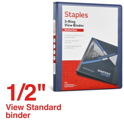 Staples 1/2" 3-Ring View Binder, D-Ring, Navy Blue, 4/Pack - color: Blue, size: 0.5-Inch, style: 4 Pack