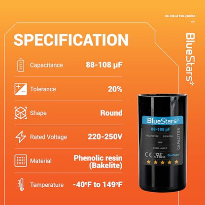 [2025 Upgraded] BlueStars 88-108 uF MFD 220-250VAC Motor Start Capacitor - size: 88-108 MFD 220-250 VAC