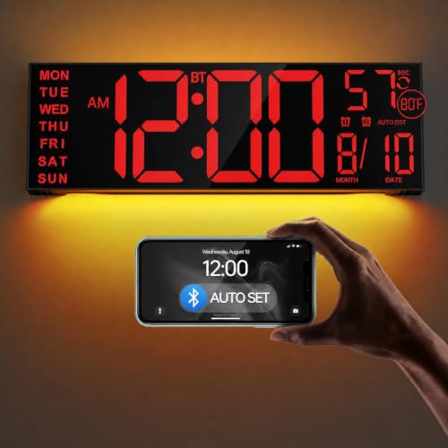 JALL 16.2" Large Digital Wall Clock with RGB Lights, Digital Clock with BT Sync, Clocks for Living Room, Wall Clock with Auto DST, Temperature for Classroom (Red) - color: Red, size: 16.2 inches