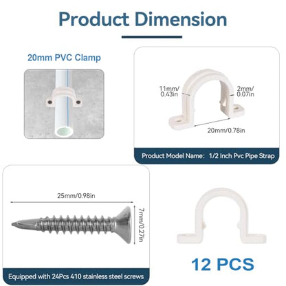 Pvc Pipe Strap,12Set PVC Pipe Clamps 1/2 inch,Juvaeny 20mm Conduit Strap Clamps with 24Pcs 410 Stainless Steel Screw for Two Hole Plastic Pipe Clamps (20mm Conduit Strap) - size: 20mm Conduit Strap