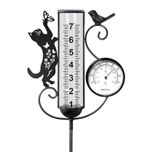 shumi Rain Gauge Outdoor with Thermometer, Decorative Cat Rain Gauge - color: Black Cat