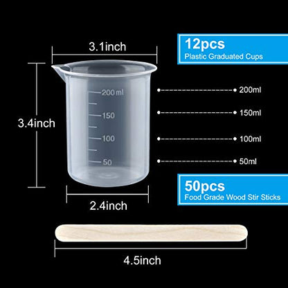 Coopay 12 Pack 200ml/6.8oz Plastic Beakers Epoxy Mixing Cups, Plastic Graduated Cups Clear Multipurpose Measuring Cups with 50 Pack Wooden Stirring Sticks for Resin, Epoxy, Stain, Mixing Paint - size: 200ml
