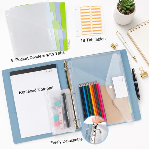 3 Ring Binder with Clipboard,2 Inch Binders with Notepad&5 Dividers with Pockets, Pen Holder, Leather Clipboards for School Office(Blue, Letter Size) - color: Blue, size: 1 Inch