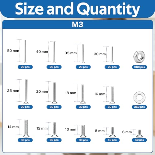 1080pcs M3 Flat Head Screw Assortment Kit with Nuts and Washers - size: 1080pcs