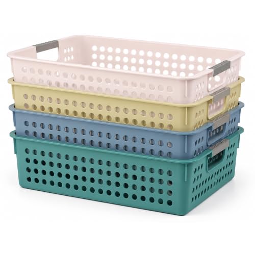 4 Pack Plastic Turn in Baskets, Stackable Paper Trays for Classroom, - color: Cream Beige Sage Blue