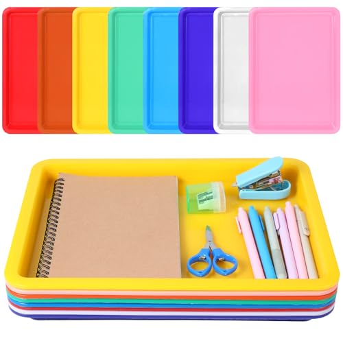 8 Pack Large Plastic Art Trays 13.4 x9.9 x1 Inch Stackable Activity Craft Trays Sensory Serving Organizer for DIY Project Jewelry Sorting Sand Painting Supplies, 8 Color