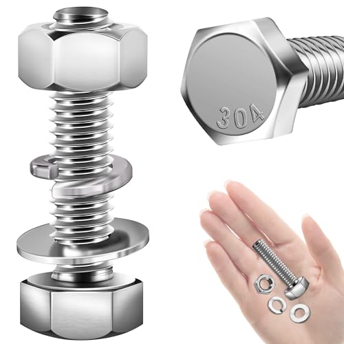 Mywish (10 Sets) 1/4-20x1-1/4 Hex Head Assorted Screws Nuts and Bolts with Flat & Lock Washers, 304 Stainless Steel 18-8, Fully Threaded, 1/4 Bolt Metric Bolt Assortment - size: 1/4-20 x 1-1/4 (10 set)