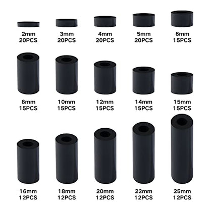 235Pcs Black Round Spacer OD 7mm ID 3.2mm for M3 Screws 15Sizes ABS Non-Threaded Column Standoff Support Spacer Round Straight Tube Plastic Washer Standoff
