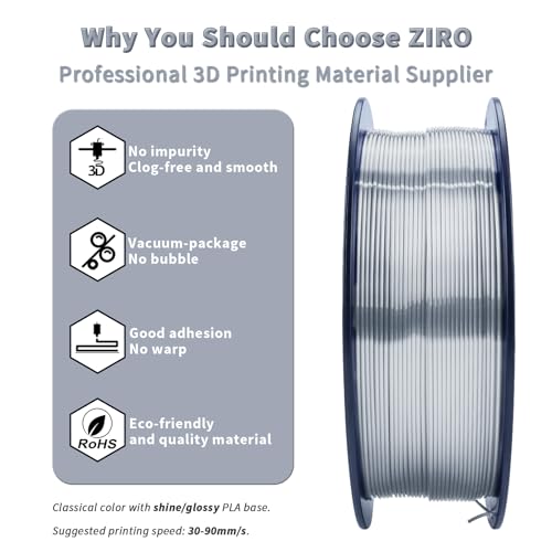 ZIRO PLA Filament 1.75mm, Shine Silk 3D Printing Material, 1KG Silver - color: Silky-silver