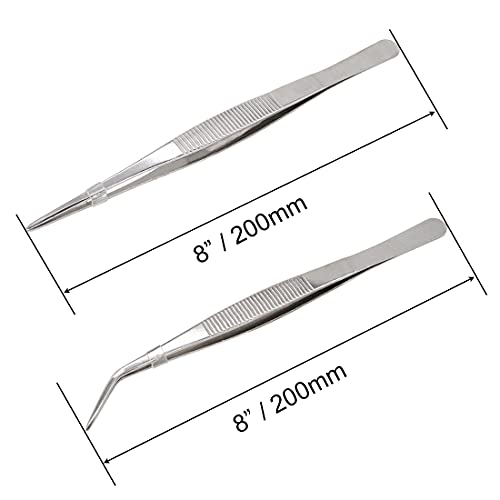 8 Inch Stainless Steel Tweezers with Straight and Curved Serrated Tip Multipurpose Forceps for Craft Repairing 2 Pack - size: 8 Inch