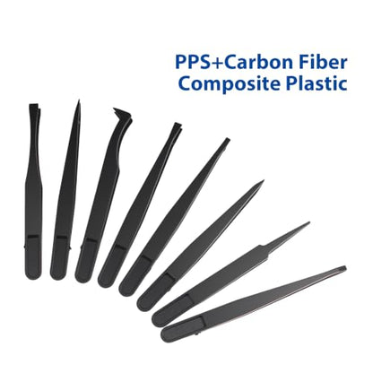 8PCS Precision Plastic Tweezers, Anti-Static Tweezers Set, Slant Flat Tip Tweezer Pointy/Curved Tips Tweezers for Electronics Assembly, Repair, Crafts Making (4.5-4.9 Inch, Black)