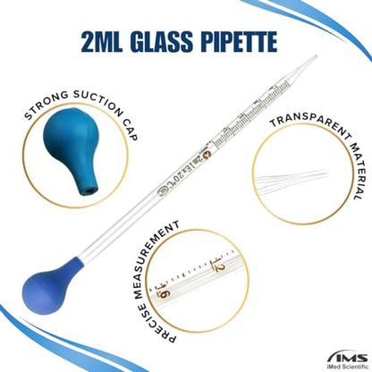 Multipurpose Glass Pipettes Droppers, 2ml Graduated, Blue Rubber Head, Straight-Tip Calibrated Thick Glass to Transfer Fluid, Liquids, Essential Oils, Accurate Easy Dose & Measurement - 8" Long