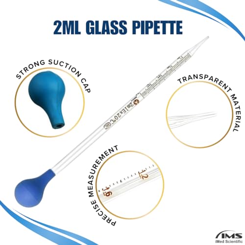 Multipurpose Glass Pipettes Droppers, 2ml Graduated, Blue Rubber Head, Straight-Tip Calibrated Thick Glass to Transfer Fluid, Liquids, Essential Oils, Accurate Easy Dose & Measurement - 8" Long
