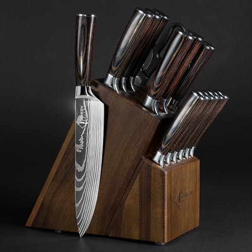 SENKEN 16-Piece Knife Block Set - Japanese High Carbon Stainless Steel with Damascus Pattern, Dark Wood Handles, 6 Steak Knives & Acacia Hardwood Block (Brown) - color: Brown