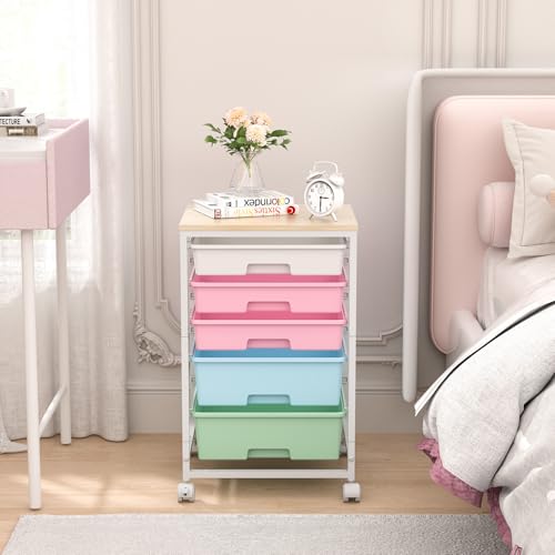 SYKIARIOL Utility Cart with 5 Drawers with Wooden Top, Rainbow - color: Rainbow