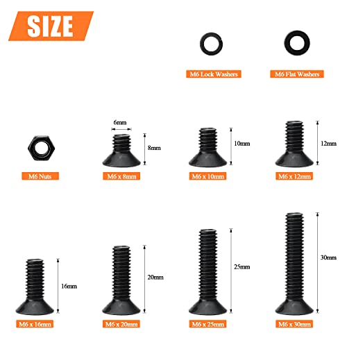 HELIFOUNER 146 Pieces M6 x 8mm /10mm /12mm /16mm /20mm /25mm /30mm, Countersunk Head Socket Cap Screws Bolts Washers Nuts Kit, 10.9 Grade Alloy Steel, Full Threaded, Black - size: M6, style: Countersunk Head