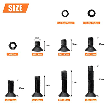 HELIFOUNER 146 Pieces M6 x 8mm /10mm /12mm /16mm /20mm /25mm /30mm, Countersunk Head Socket Cap Screws Bolts Washers Nuts Kit, 10.9 Grade Alloy Steel, Full Threaded, Black - size: M6, style: Countersunk Head