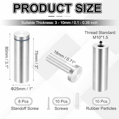 PATIKIL 1x3.1" Standoff Screws, 8 Pack Stainless Steel Stand Off Wall Mounts Wall Sign Mounting Hardware Advertising Standoff Nail for Hanging Acrylic Signs Picture Frame, Silver - size: 1x3.1"