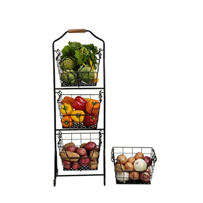 Mikasa Gourmet Basics Ferme 4-Tier Market Basket - Antique Black Wire and Acacia Wood Handle, Kitchen Fruit Vegetable Storage Organizer, 13.5 x 11.5 x 51 Inches - style: Ferme