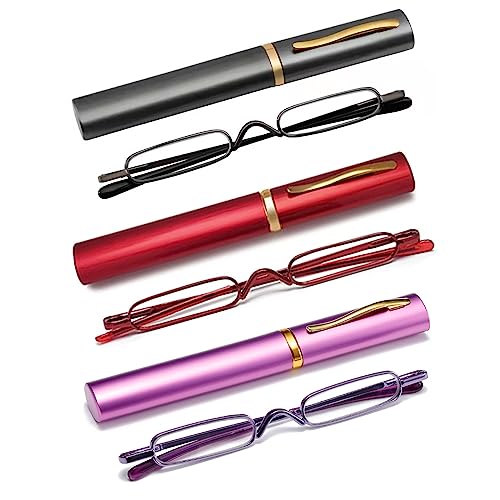 Mini Slim Pen Reading Glasses, Gunmetal+Red+Purple, 2.00 - color: Gunmetal+red+purple