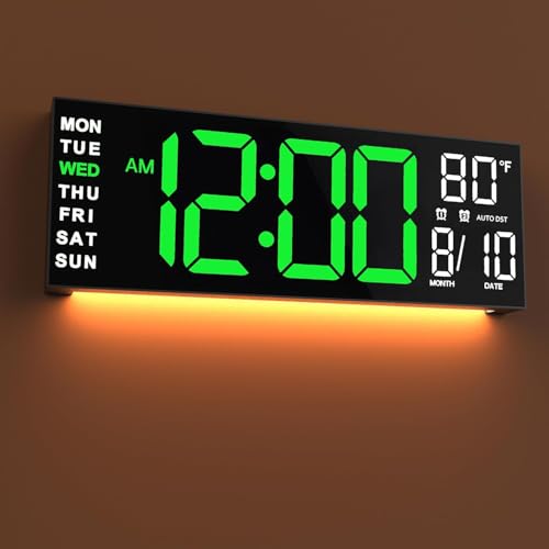 JALL 16" Large Digital Wall Clock with Remote, Back to School Classroom, Gift for Student Teacher, Big LED for Seniors, Auto Dimming, 8 RGB Colors, Night Light, Timer, Temperature for Living Room - color: Green White, size: 16 inches