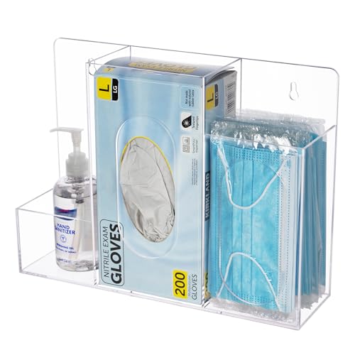 Acrylic Hygiene Dispenser Station with 3 Compartments - Triple Sanitation Station Holder Dispenser for Face Masks, Gloves Box, Hand Sanitizer, Hairnets, Tissues- Wall Mount or Tabletop