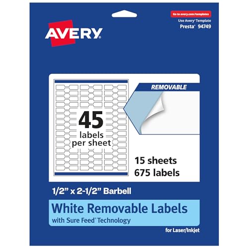 Avery Matte White Removable Barbell Labels, Sure Feed Technology, 0.5" x 2.5", 675 Removable Labels, Laser/Inkjet Printable - style: 675 labels