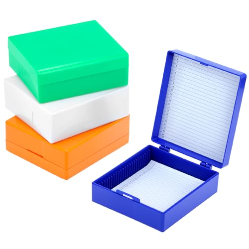 QWORK 25-Microscope Glass Slide Box, Plastic Storage Container with 4 Color, Compact Size 8.2 cm x 9.4 cm x 3.2 cm, Pack of 4