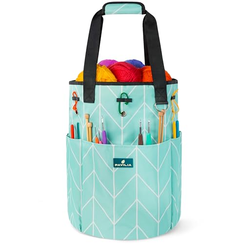 PAVILIA Crochet Bag Knitting Bag Organizer, Yarn Bag Storage Tote for Crocheting On The Go, Knitting Accessories Supplies Holder with Grommets, Gift for Crochet Lovers Knitters (Chevron Teal) - color: Chevron Teal