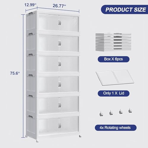 720QT Extra Large Stackable Storage Bins with Lid, 180Gal Plastic Closet Organizers and Storage Drawer, Collapsible Cabinet Box with Wheels Clear Doors for Home Kitchen Garage, 6Pack White - color: White, size: 120QT-6Pack