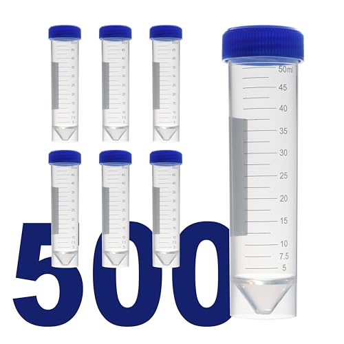 Kashi Scientific 50mL Self Standing Centrifuge Tubes with Screw Cap Lid, Lab Grade Polypropylene Plastic, Skirted, Printed Graduation, Write-on Spot [50mL Self-Standing, 500] - size: 50mL Self-Standing, Sterile
