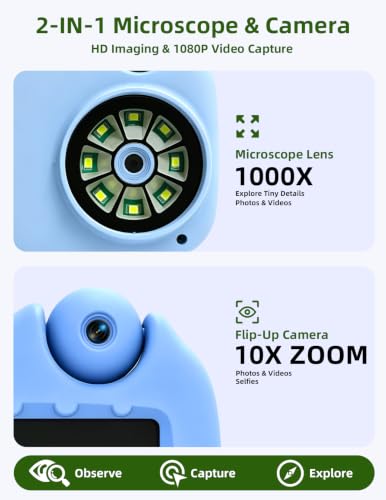 Kids Microscope Camera, 1000X Digital Microscope with Flip-Up Camera - color: Blue