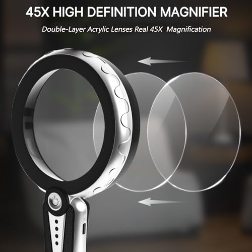 45X Magnifying Glass with Light, Large Handheld Magnifier for Seniors - color: Black