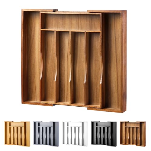 Expandable Acacia Kitchen Drawer Organizer for Cutlery and Utensils, Adjustable Acacia Wood Cutlery Tray in Drawer for Flatware and Silverware in Kitchen - color: Acacia, size: 7 Slots Expandable