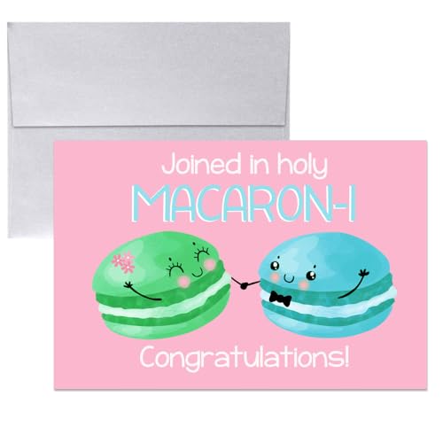 Amanda Creation Funny Wedding Card for Bride and Groom, 4x6 Blank Inside with Silver Envelope, Macaron Newlywed Congratulations Greeting - style: Macaron Cookie