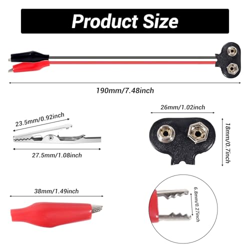 6PCS 9V Battery Snap to Alligator Clips Cable, 6 Inch T-Shape 9V Battery Connector with Red Black Crocodile Clip Test Leads for Arduino, DIY Electronics, Breadboard & Circuit Testing