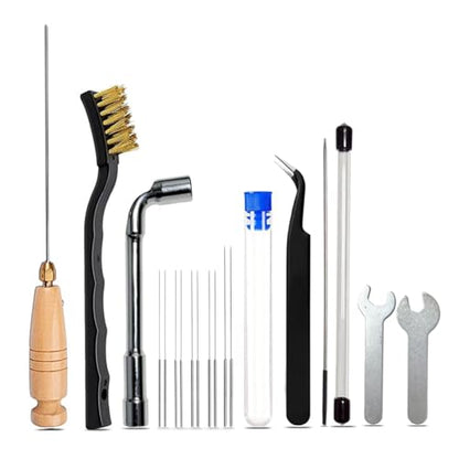 17pcs Clog Poke 3D Printer Nozzle Cleaning Kit for 1.75mm Filament Nozzles,Φ1.5mm Needle with Arrow Tip,150mm,10 Multi-Size Nozzle Cleaning Needles,Tweezers,Copper Wire Brush, FDM Tools