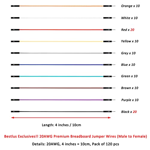 Breadboard Jumper Wires 20AWG, Bestlus Exclusives Male to Female Jumper Cables Wires M/F 4'' 10CM 10 Colors Pack of 120 Square Head 0.1'' (4'', M/F) - color: Male-Female, 10CM, size: 10CM / 4''