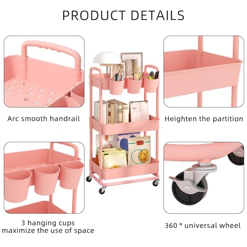JIUYOTREE 3-Tier Plastic Rolling Storage Cart Utility Cart Pink - color: Pink, size: 3-Tier