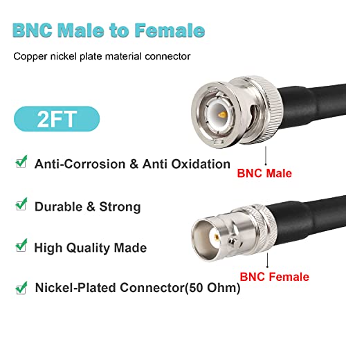 MOOKEERF BNC Male to BNC Female Coaxial Cable 50 ohm RG8X Coax Ultra Low Loss for Antenna, RF Radio, Modem, Oscilloscope, Spectrum, Analyzer, Signal Generator (2FT, 2PCS) - size: 2FT