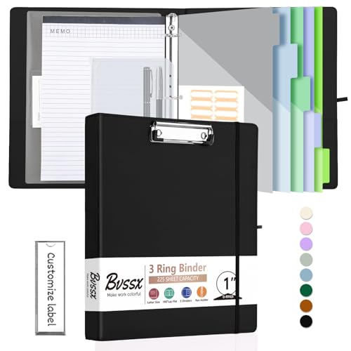 3 Ring Binder with Clipboard,1 Inch Binders with Notepad&5 Dividers with Pockets, Pen Holder, Leather Clipboards for School Office(Black,Letter Size) - color: Black, size: 1 Inch