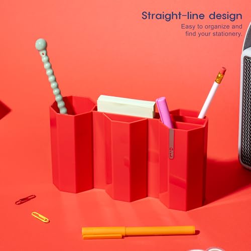 AonT Design Small Desk Organizer - Red Pen Tray & Holder (Multi-Compartment) (Made in Korea) – Modern Office Storage Supplies Organizer and Aesthetic Decor for Accessories - color: Red